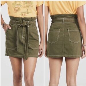 Free People Army Olive Green Paperbag Waist Belt Tie Boho Mini Skirt Pockets